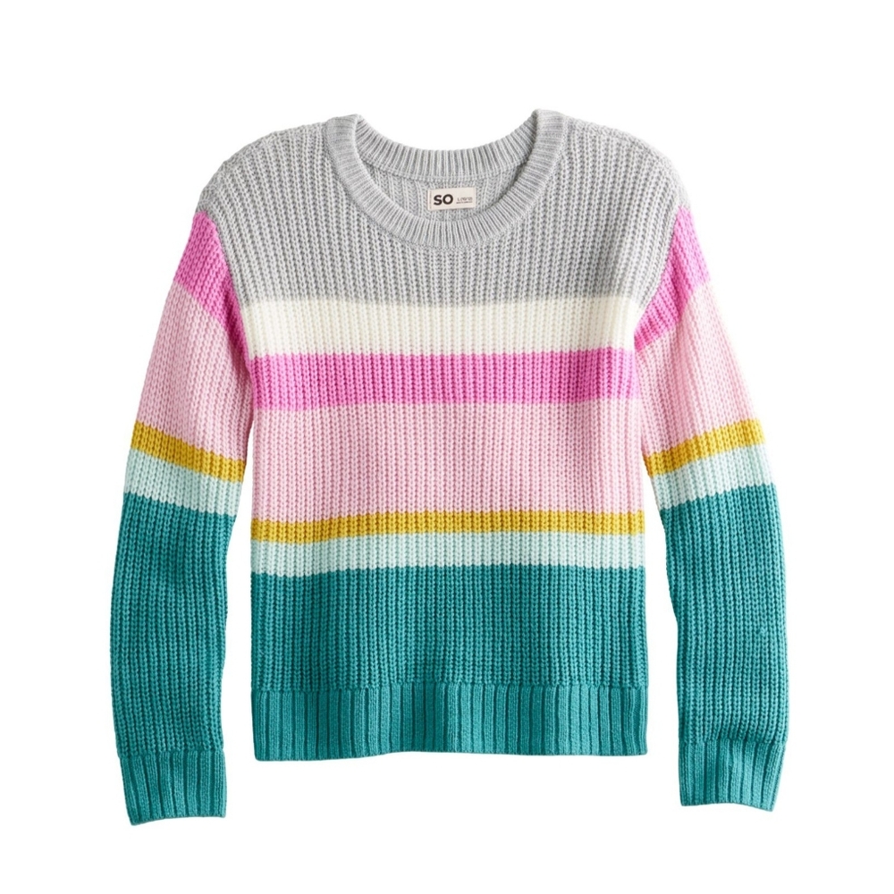 SO Girl's Knitted Crew Neck Long Sleeves Sweater Top Multicolor Size XL (14-16)